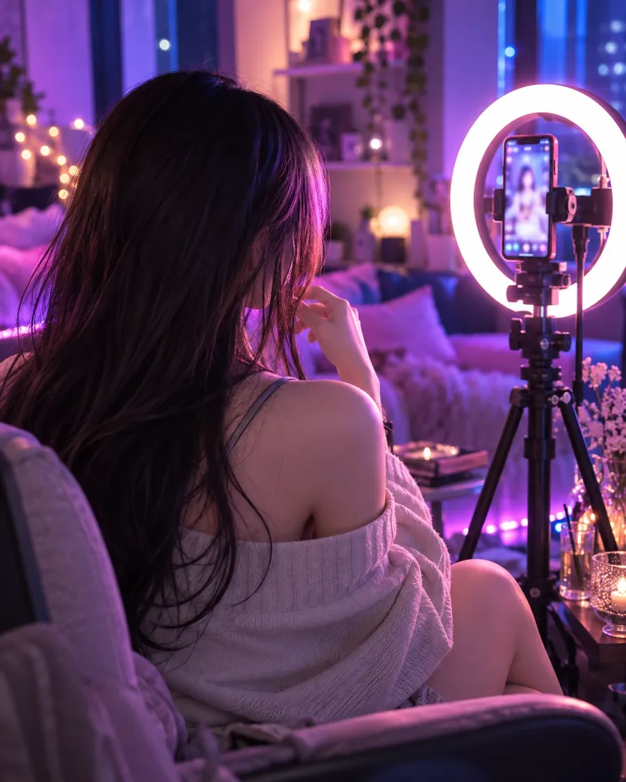 リングライトの前でスマホからライブ配信をする女性